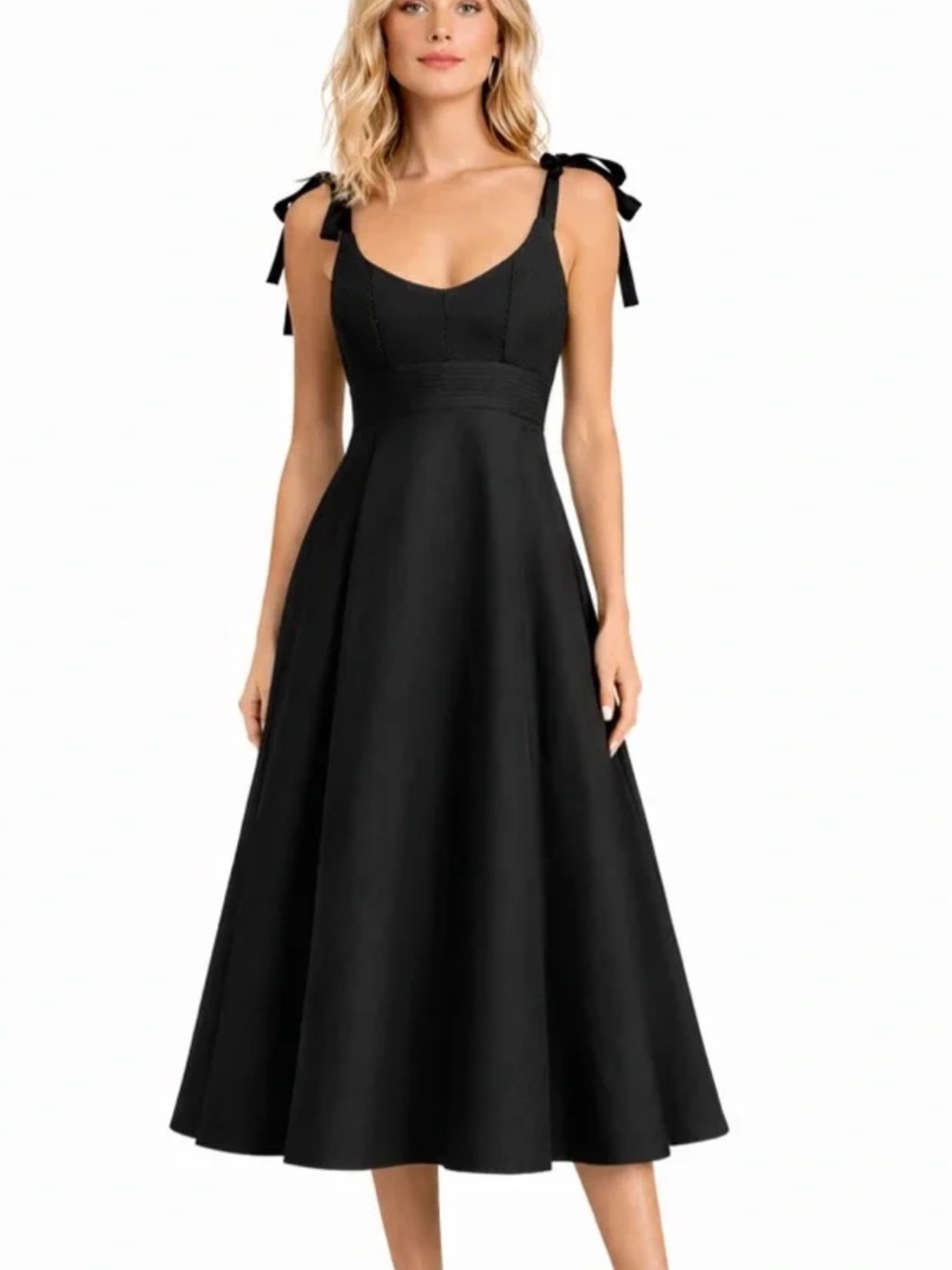 La Ligne Black Tie-Shoulder A-Line Midi Dress with Scoop Neck